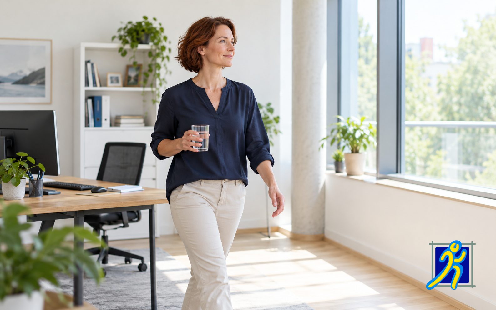 Eine Frau steht vom Schreibtisch auf und geht mit einem Glas Wasser durch das Büro.