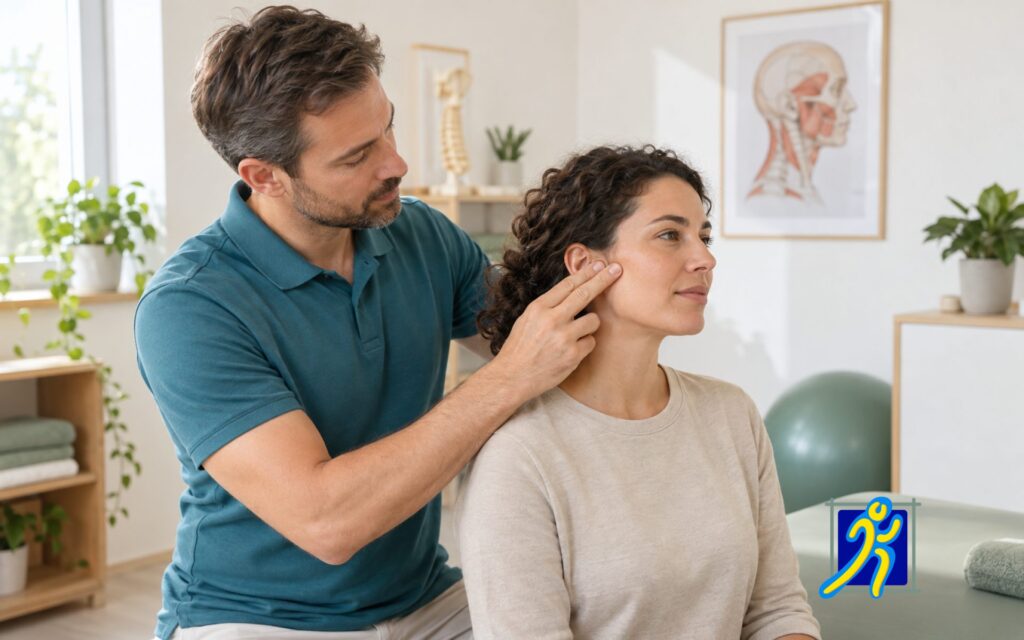 Ein Physiotherapeut untersucht behutsam die äußere Kiefermuskulatur einer sitzenden Frau.